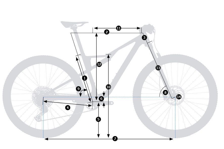 Orbea Oiz H10 2026 – schemat geometrii ramy z oznaczeniami wymiarów