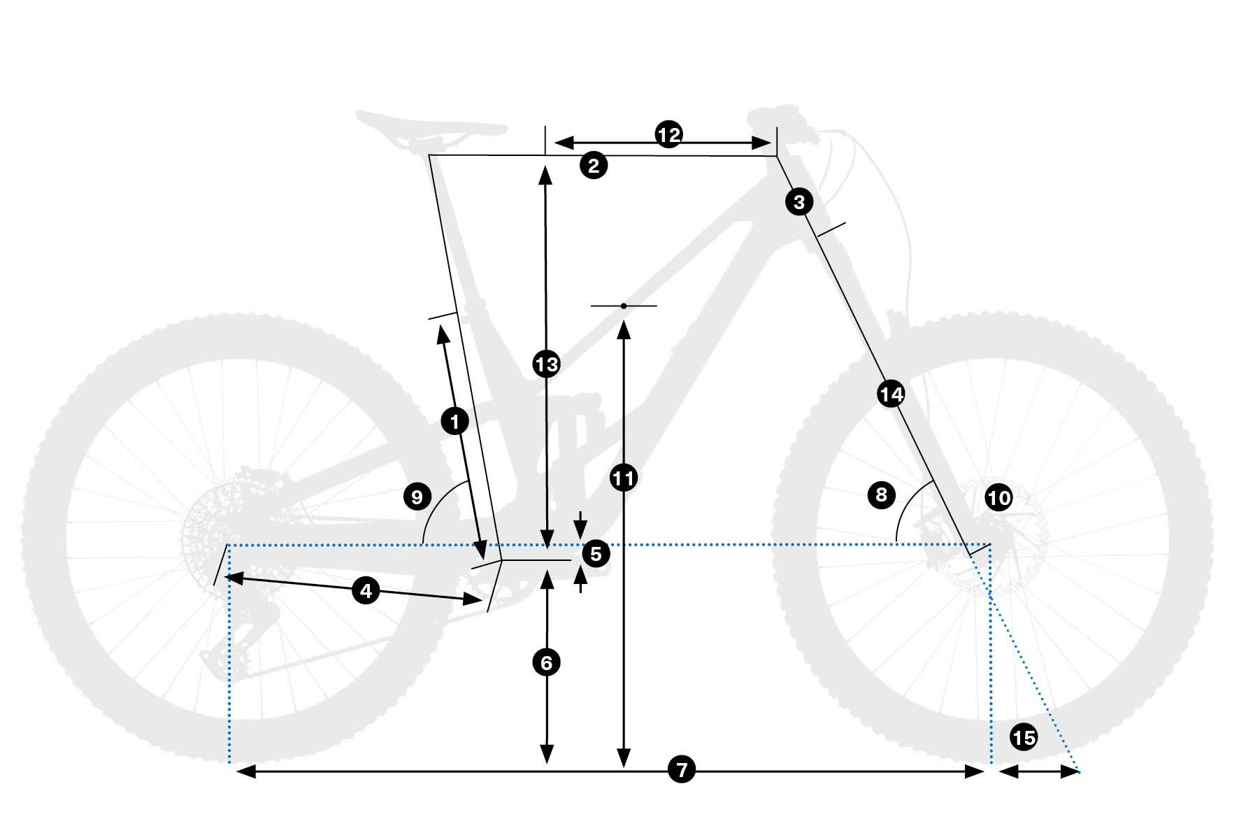 Orbea Rallon E-LTD 2026 – schemat geometrii ramy z oznaczeniami wymiarów