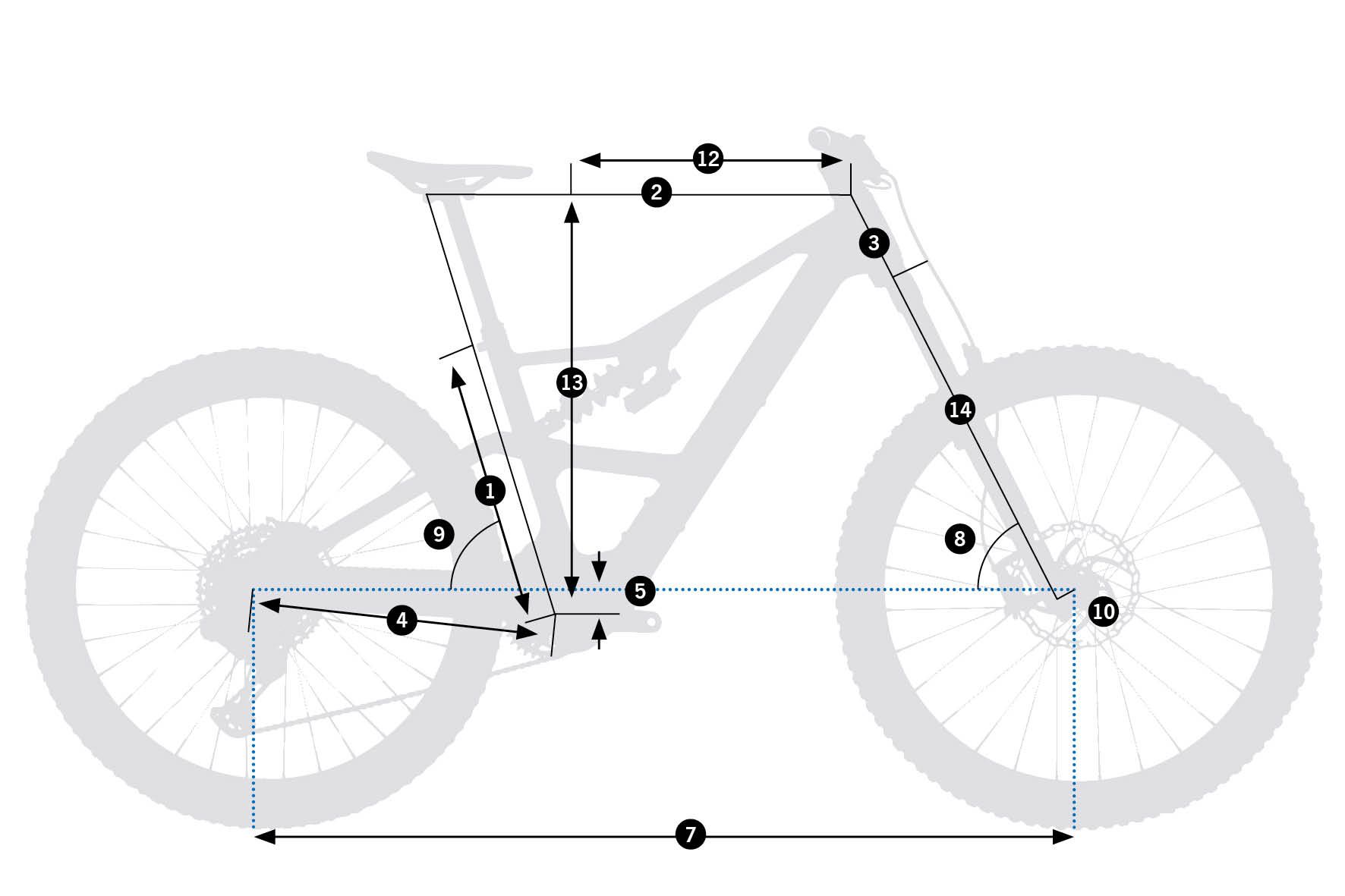 Rise LT M20 2026 – schemat geometrii ramy z oznaczeniami wymiarów